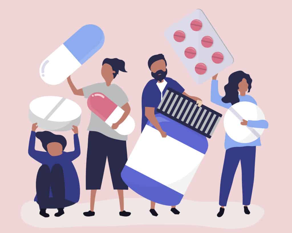 Vector image of people holding pills and pill bottles