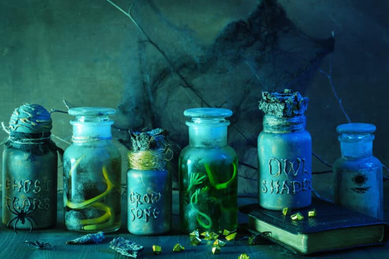 Image of plastic potion bottles on halloween