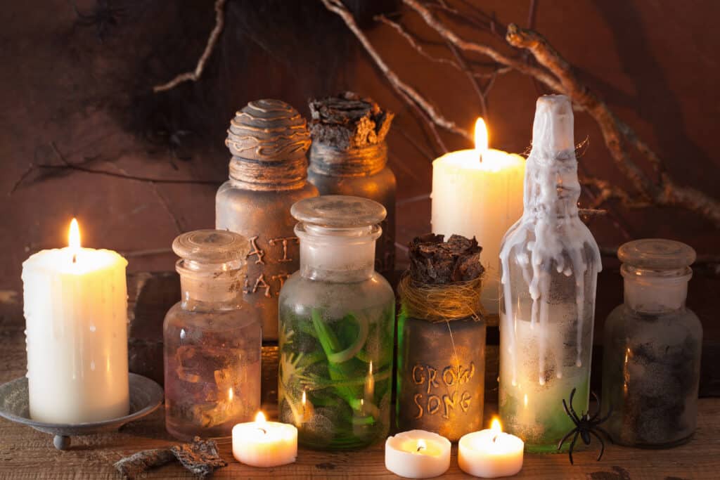 image of plastic potion bottles on halloween display