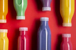 colorful 16 oz Plastic Bottles on a red background