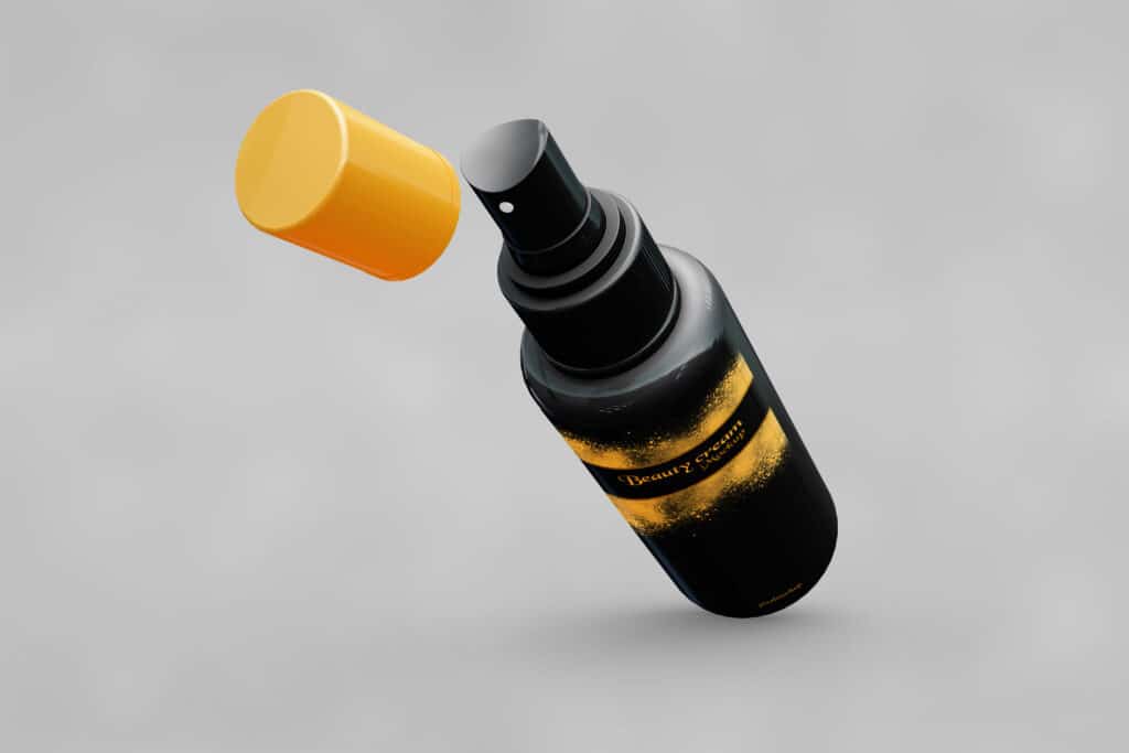 black color Wholesale spray bottle with a yellow lid in a white background