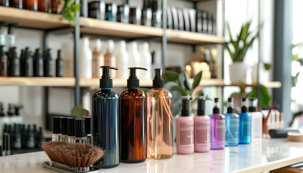 Organizers with different lotion bottles and brushes on table in beauty salon