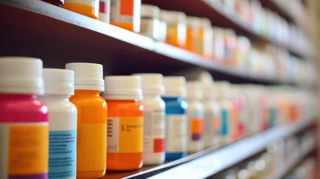 Pharmacy background with out-of-focus shelves of medication.