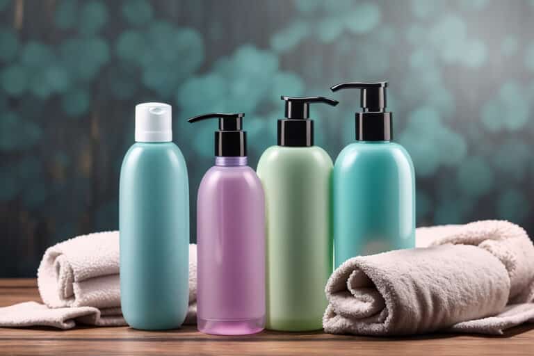 Bulk shampoo-bottles-different-cosmetic-bottles-wooden-background-scaled.