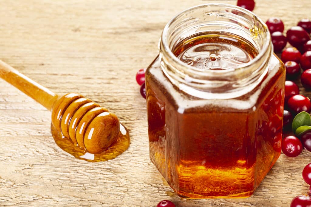 There is honey in a plastic bottle, where the lid is open and honey taken out from the bottle using a small stick