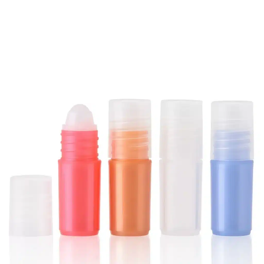 Four colorful plastic roll-on bottles with clear caps, showcasing pink, orange, white and blue containers.