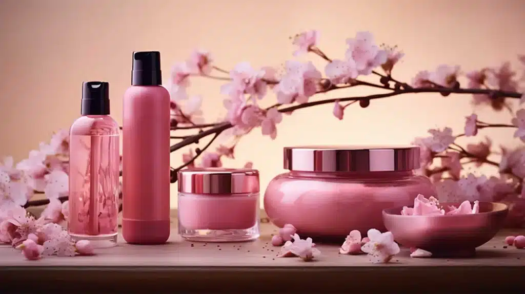 Luxury skincare products in pink cosmetic packaging with cherry blossom accents.