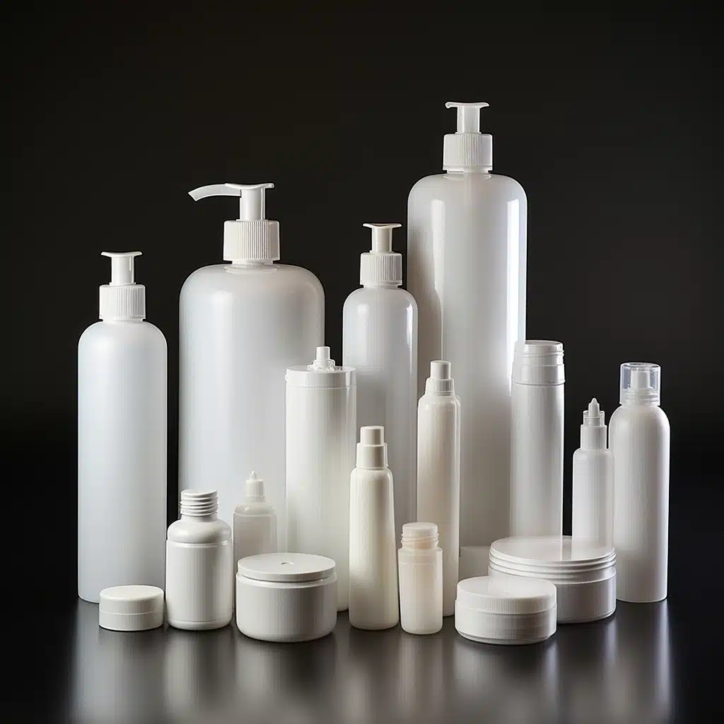 A collection of various white plastic cosmetic bottles and jars, including pump bottles, spray bottles, tubes, and jars, displayed against a black background.