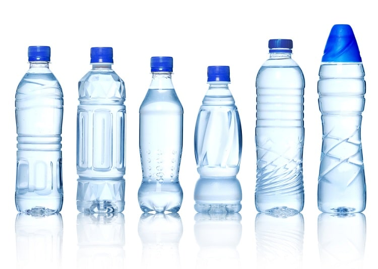 A row of plastic bottles in different shapes and sizes.