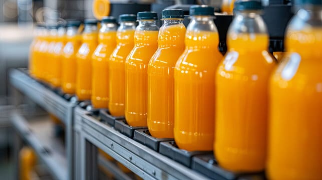 Juice bottles filled with orange juice on a production line