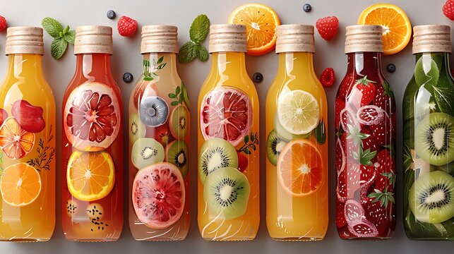 An assortment of colorful juice bottles filled with fresh fruit slices