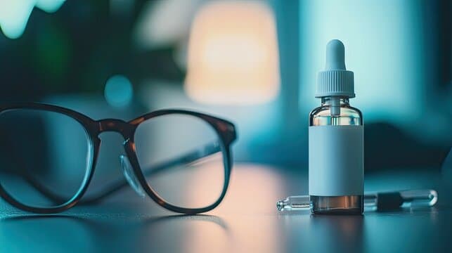 One of eye dropper bottles with glass pipette and blank label on table