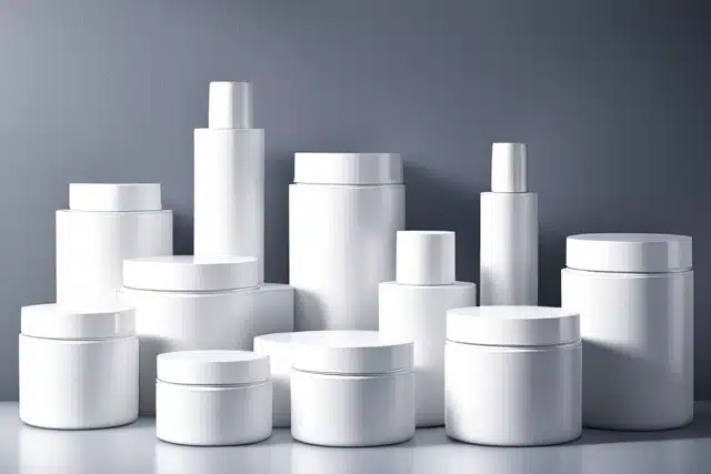 A variety of white cosmetic jars in different sizes and shapes