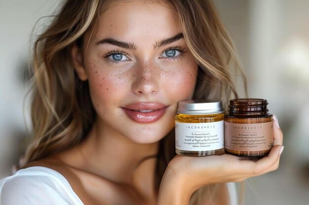 A close up of a women holding two cosmetic jars